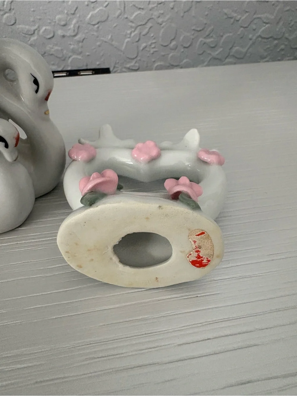 Set of 2 White Porcelain Swan Vase with Pink Floral Accent and 2 Doves in a hear